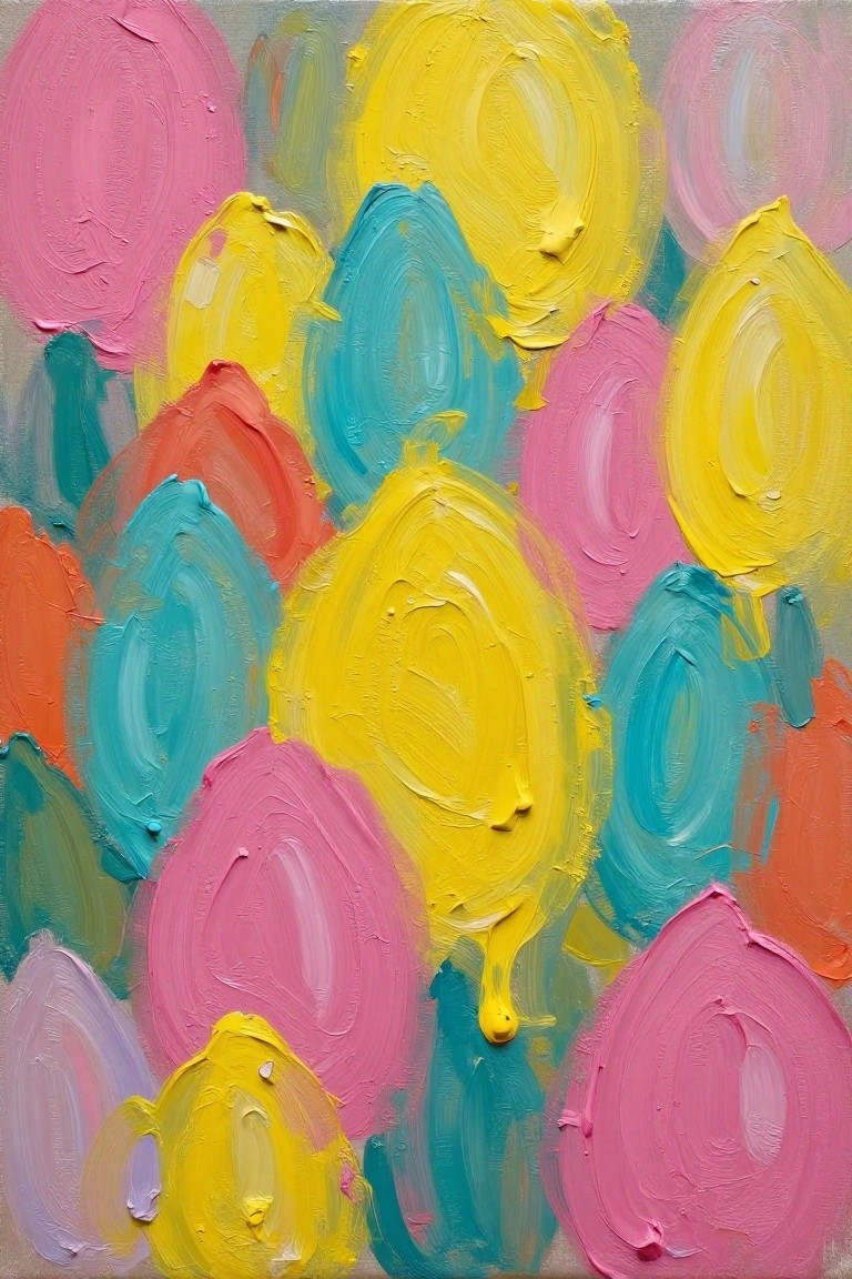 Thickly textured abstract painting of overlapping pink, yellow, and blue balloons.