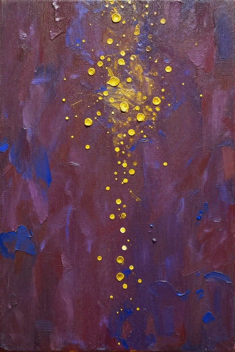 Abstract painting with yellow spirals and dots descending on deep purple background