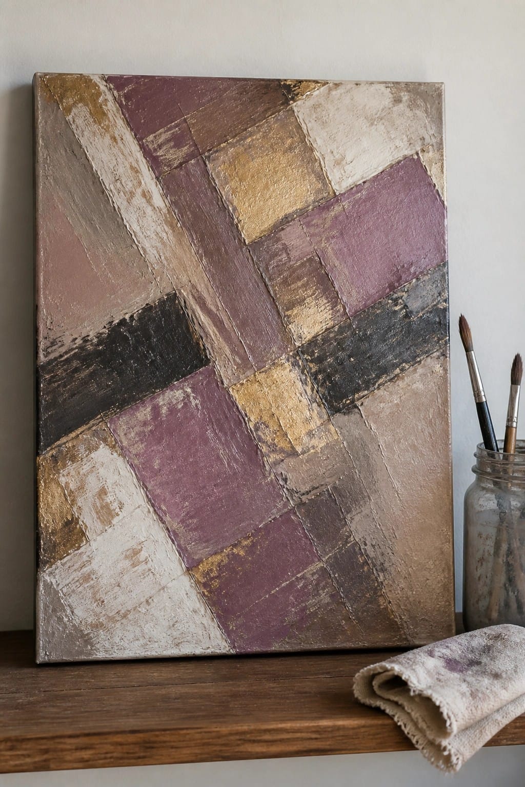 Abstract geometric painting in purples, golds, and browns on wooden shelf with brushes.