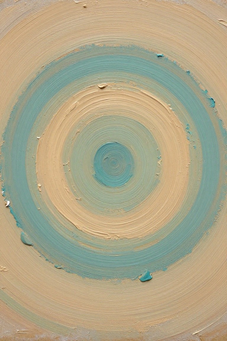 Abstract concentric circles in beige and turquoise with thick textured brushstrokes