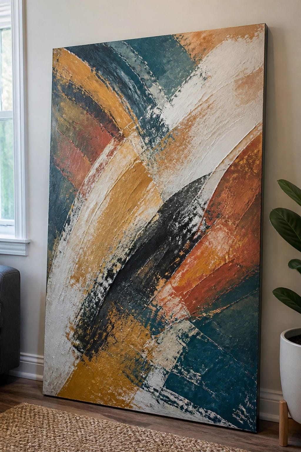 Large abstract painting with textured teal, orange, white, and black brushstrokes leaning on a wall