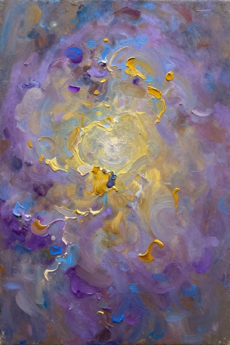 An abstract oil painting with thick swirling brushstrokes in yellow, purple, and blue tones forming a central glowing area.
