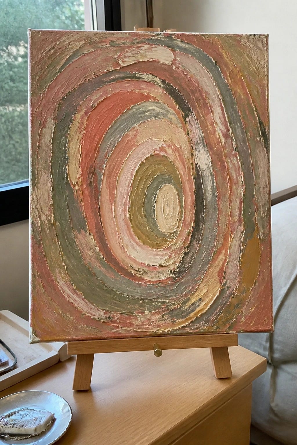 Abstract swirling impasto painting in earthy reds greens and golds on wooden easel