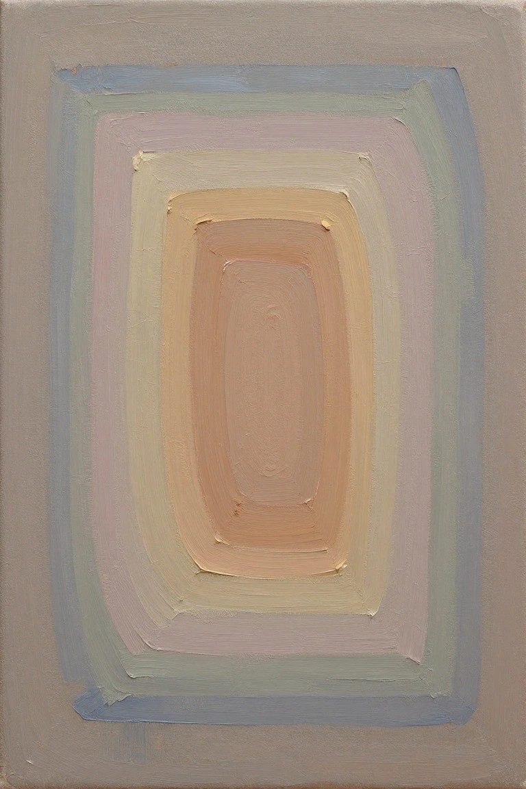 An abstract oil painting featuring multiple concentric rounded rectangles in soft pastel shades of blue, green, pink, yellow, and peach against a muted gray-beige background, with visible brushstrokes and layered texture.