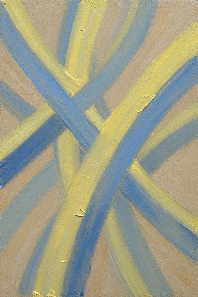 Abstract painting of intersecting blue and yellow brushstrokes on beige background.
