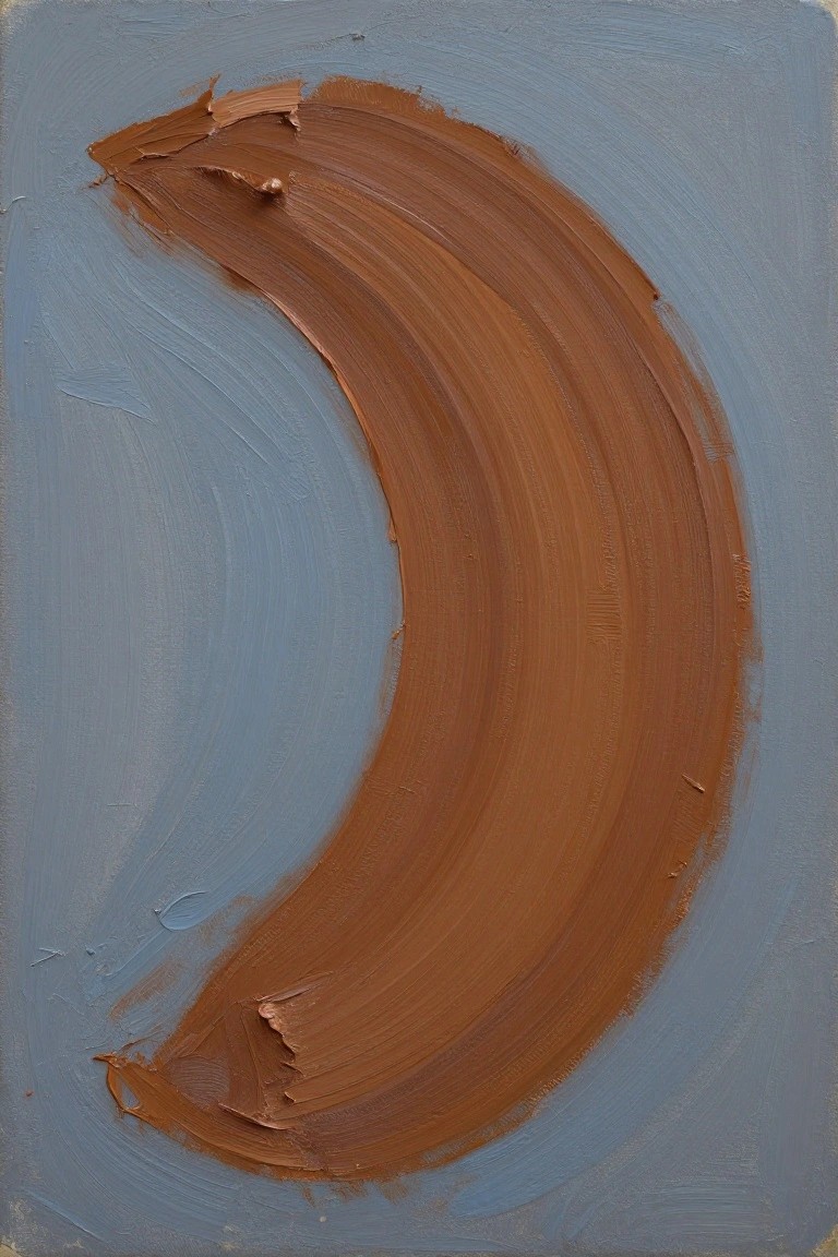 Thick brown curved brushstroke with visible texture on light blue background