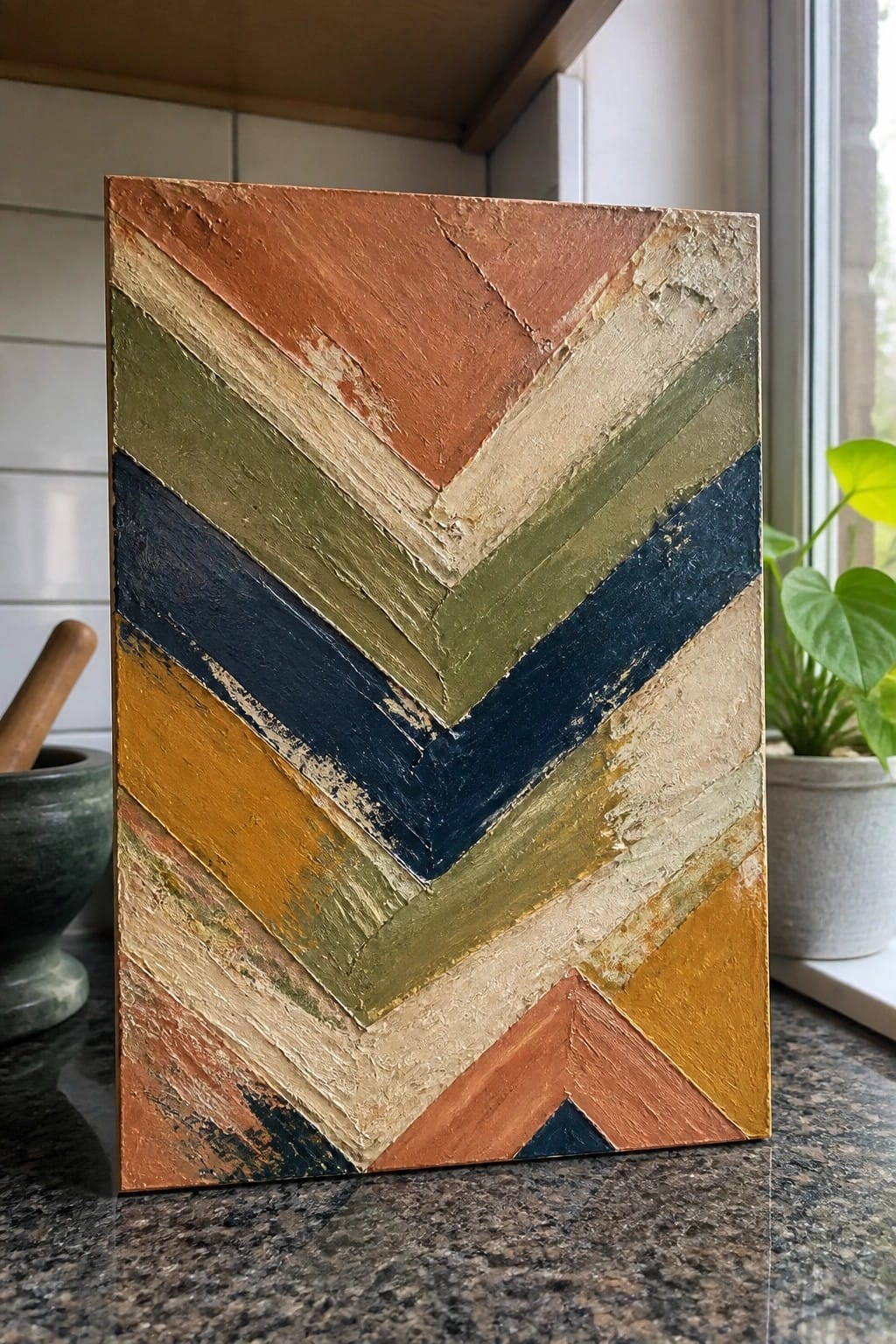 Textured abstract painting with chevron stripes in earthy orange, green, and blue tones