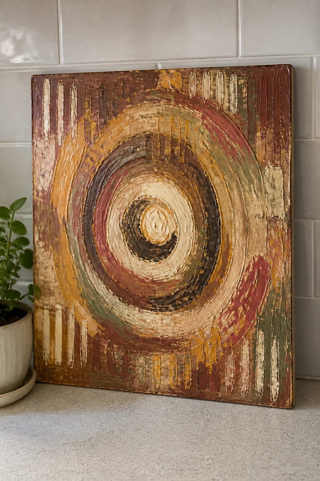 Abstract painting with concentric circles in earthy brown, red, and yellow tones beside plant