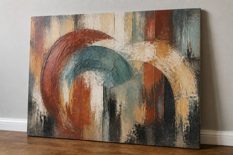 23 Inspiring Impasto Abstract Oil Painting Ideas Built Around Heavy Brushwork An abstract oil painting featuring three overlapping arches in brown, white, and teal over a heavily textured multicolored background with vertical strokes and drips.