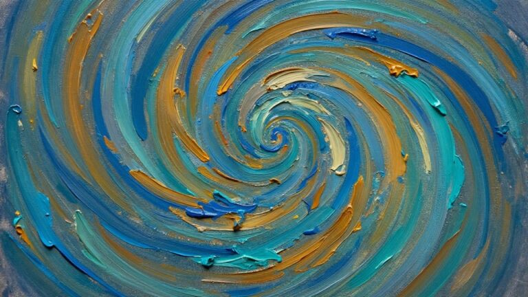 23 Inspiring Impasto Abstract Oil Painting Ideas Built Around Heavy Brushwork Thick swirling brushstrokes of blue turquoise and gold forming a textured spiral vortex