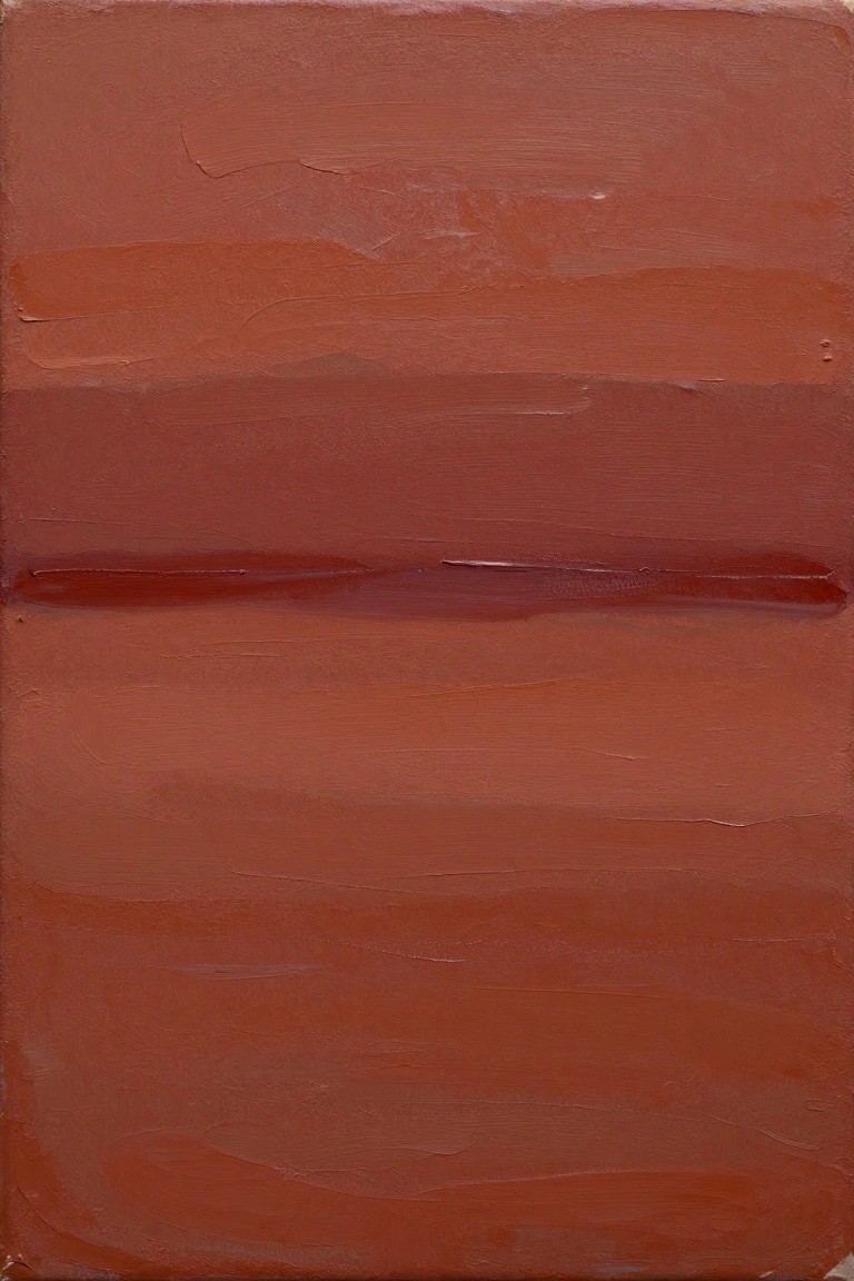Abstract painting with thick horizontal brushstrokes in varying red-brown shades