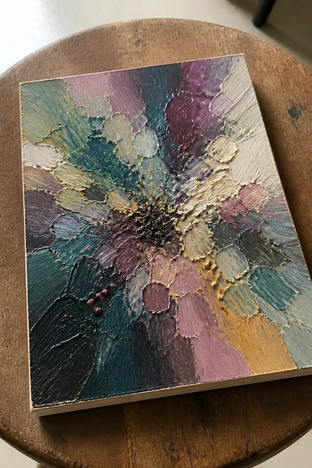 Textured abstract floral painting in teal purple gold tones on wooden stool