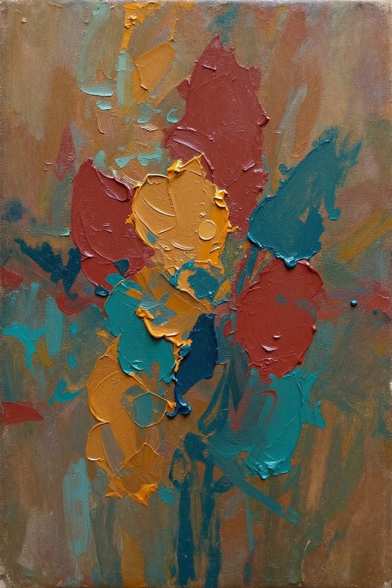 Abstract impasto painting with thick red, orange, teal, and brown strokes