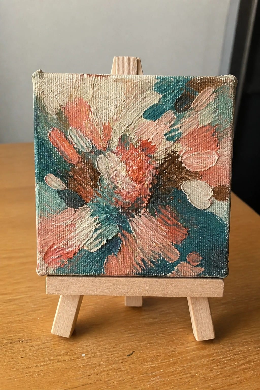 Abstract floral painting in coral, teal, and pink on wooden easel