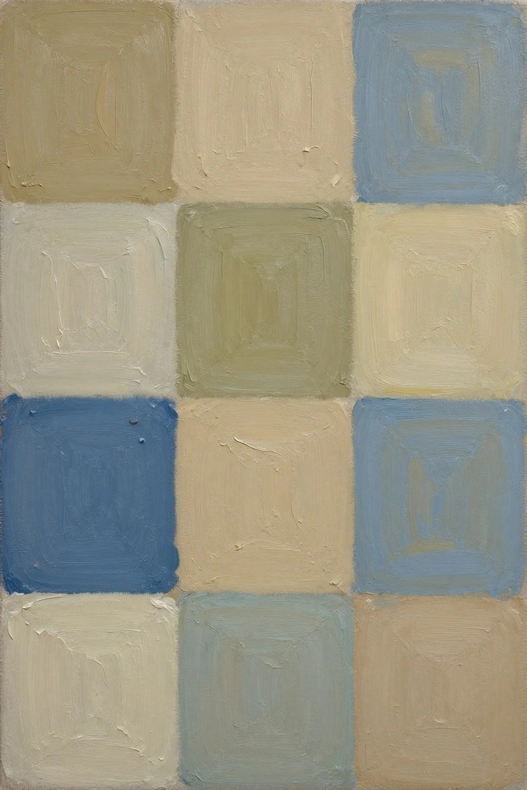 Abstract painting of textured grid squares in beige, blue, and green tones.
