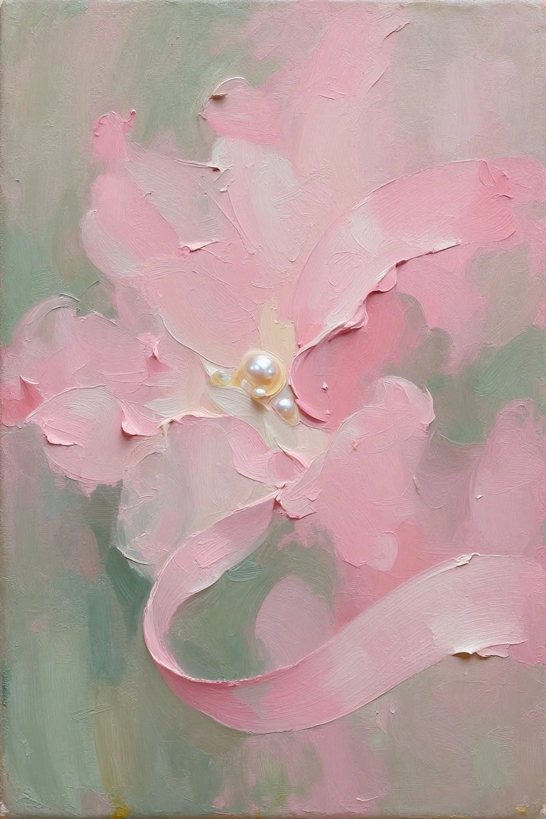 Textured pink floral painting with pearls on soft green and beige background