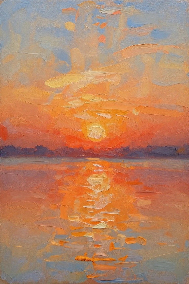 Impressionistic oil painting of vibrant orange sunset with sun reflected on water