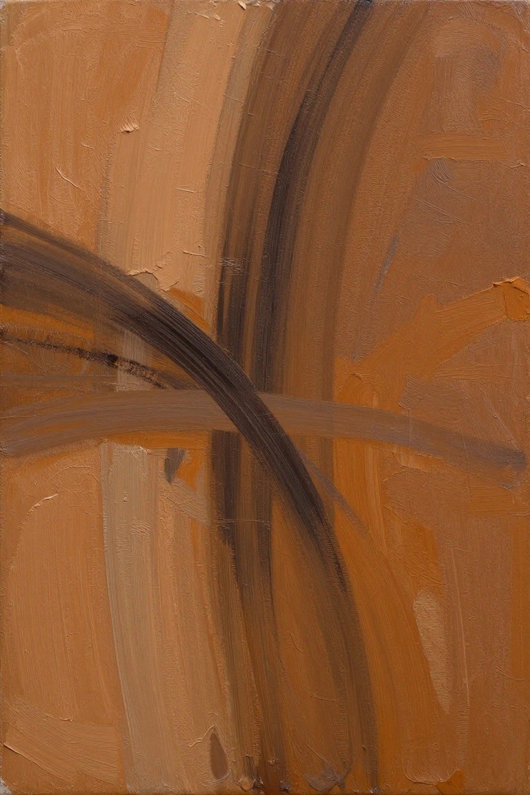 An abstract oil painting with thick curved and straight brown brushstrokes layered over a textured background of lighter browns and oranges.