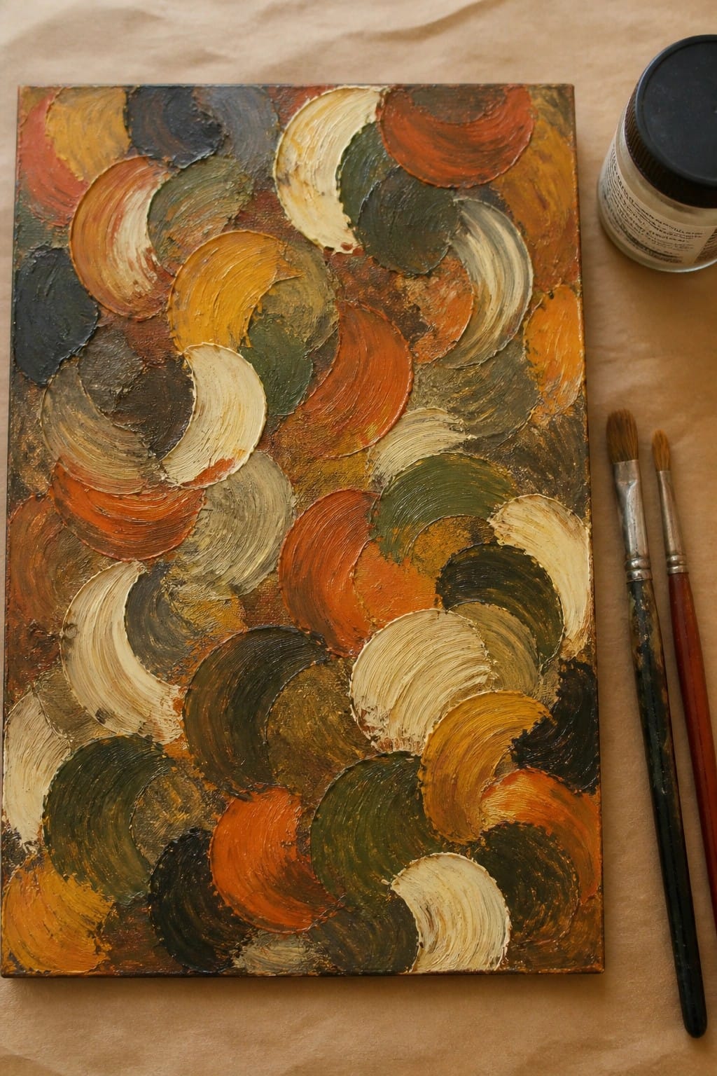 Abstract painting with overlapping curved shapes in warm tones beside brushes and jar