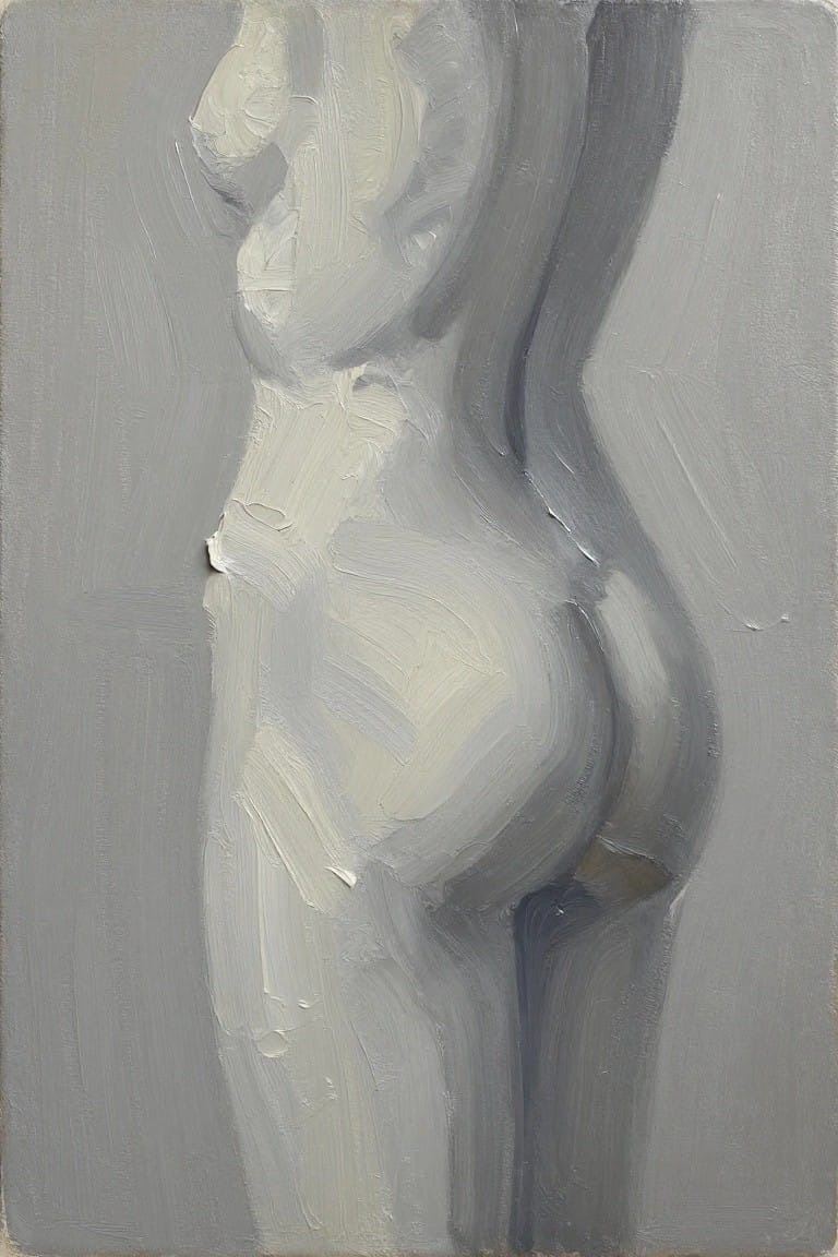 Monochromatic painting of a nude torso and hips with expressive brushwork