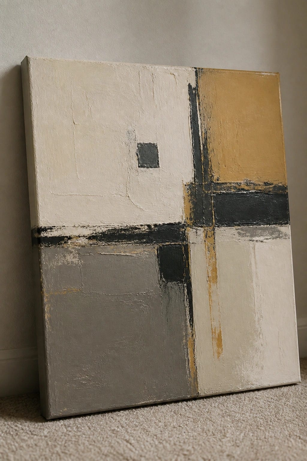 Abstract canvas with beige, gray, black, and ochre geometric blocks leaning on wall