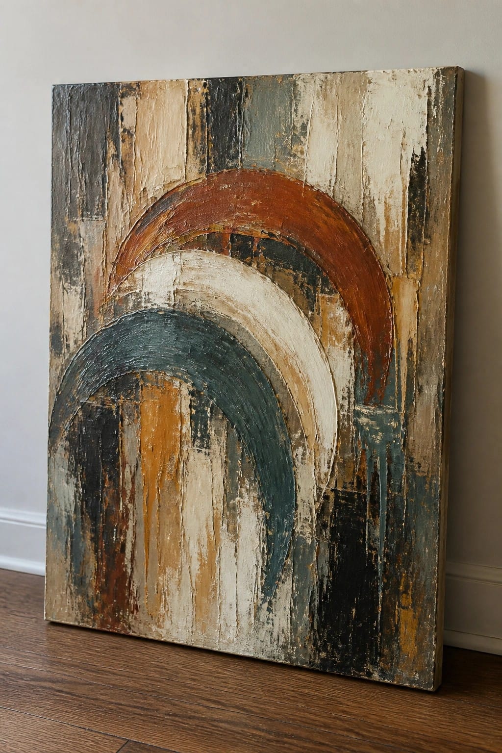 An abstract oil painting featuring three overlapping arches in brown, white, and teal over a heavily textured multicolored background with vertical strokes and drips.