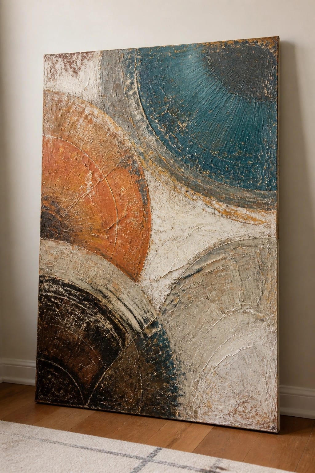 Abstract painting with thick textured arcs in teal, orange, brown, and white tones