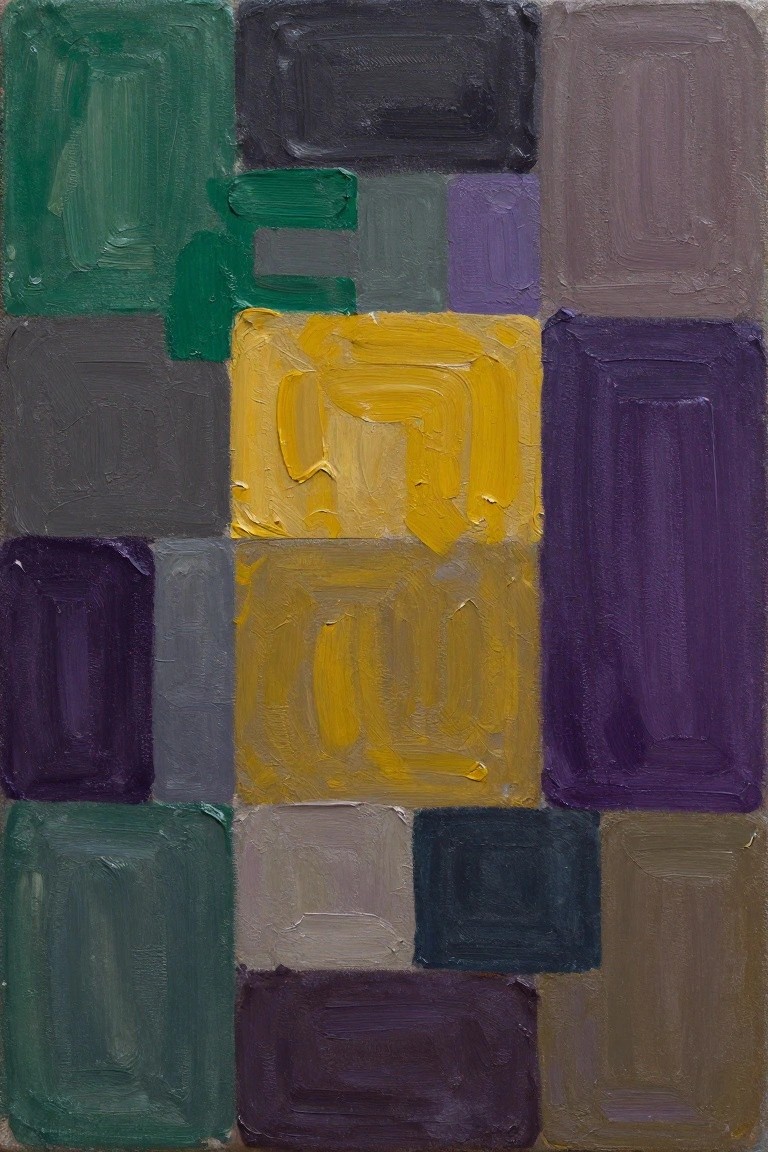 An abstract oil painting made of rectangular color blocks in green, yellow, purple, gray, and brown with thick visible brushstrokes.