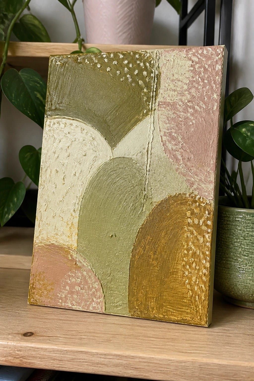 Abstract painting with curved shapes in greens pinks and golds on wooden shelf near plants