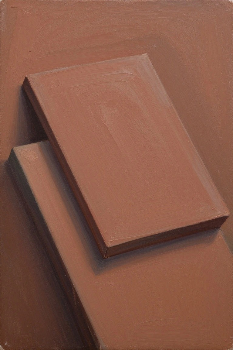 Oil painting of two overlapping rectangular blocks in brown and terracotta tones with visible brushstrokes on a matching background.