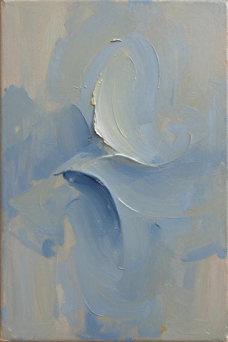 Abstract painting with swirling blue and white brushstrokes on muted background