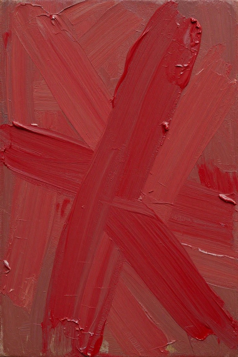 Abstract red painting with thick impasto brushstrokes forming a bold X shape