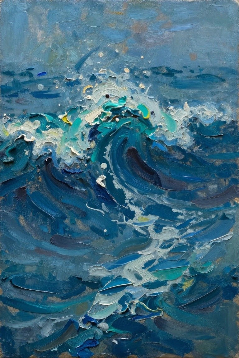 Impasto painting of a crashing blue ocean wave with turquoise foam splashes