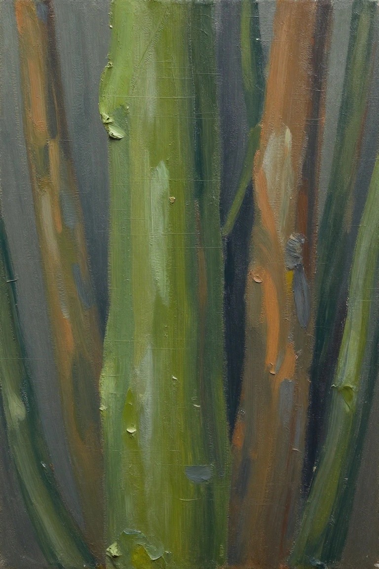 Abstract vertical brushstrokes in thick green, brown, and gray oil paint textures.