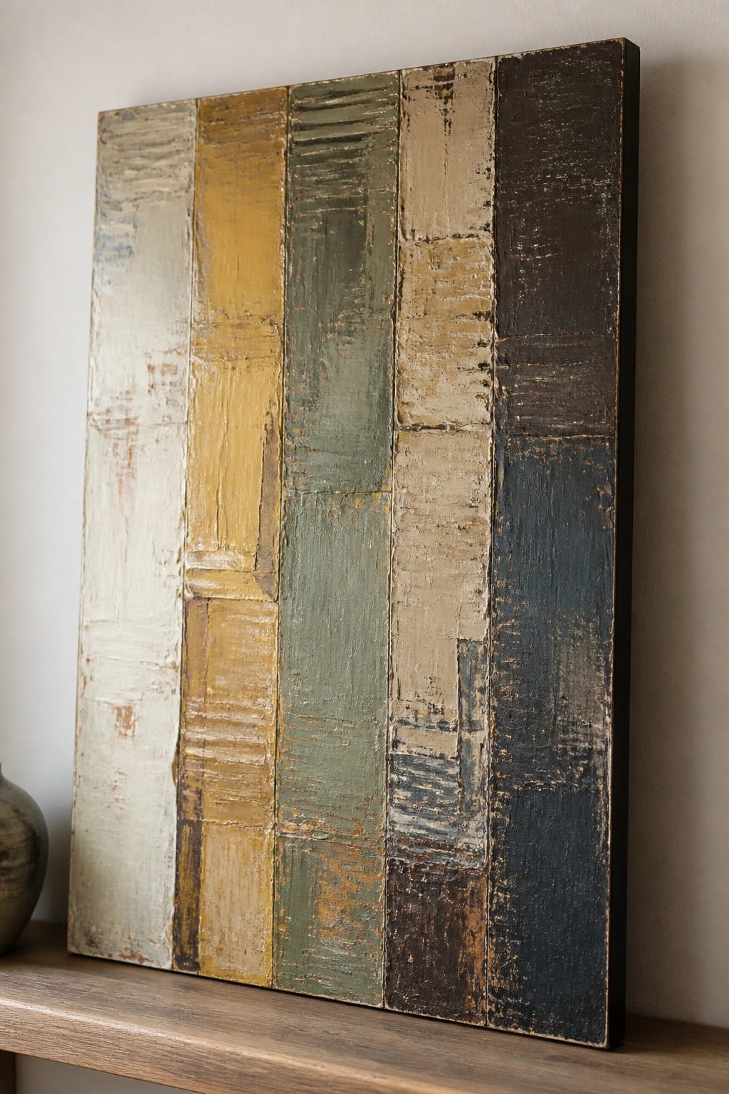 Abstract painting with vertical textured stripes in earth tones on wooden ledge