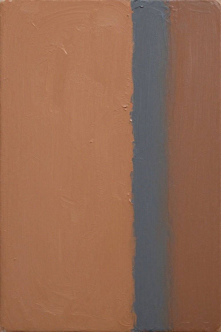 Abstract painting with brown textured surface and central blue-gray vertical stripe.