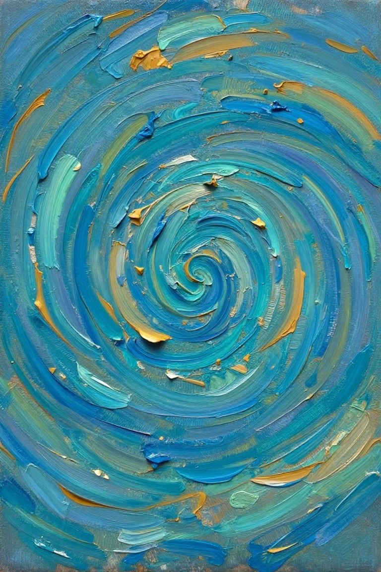 Thick swirling brushstrokes of blue turquoise and gold forming a textured spiral vortex