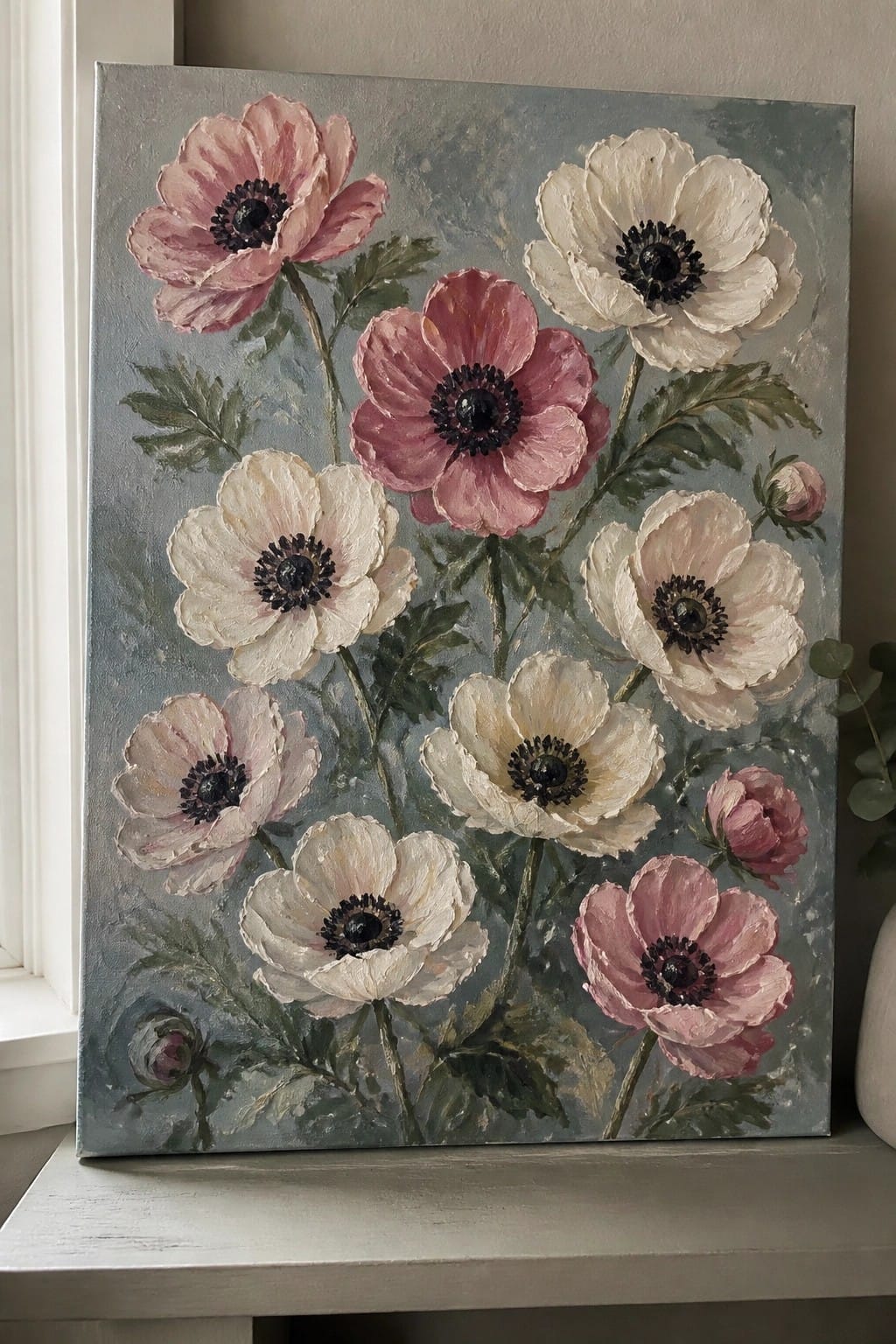 Oil painting of pink and white anemones with dark centers on blue-gray background