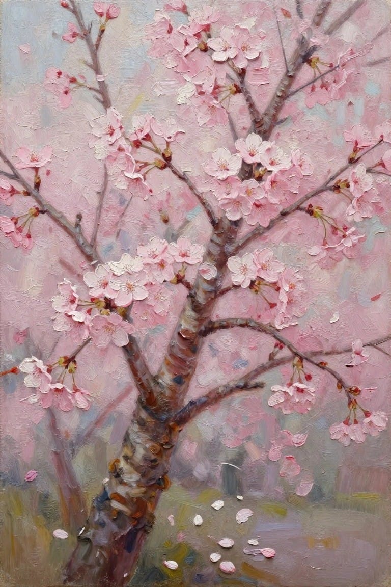An oil painting of a cherry blossom tree with pink flowers on its branches and scattered petals below.
