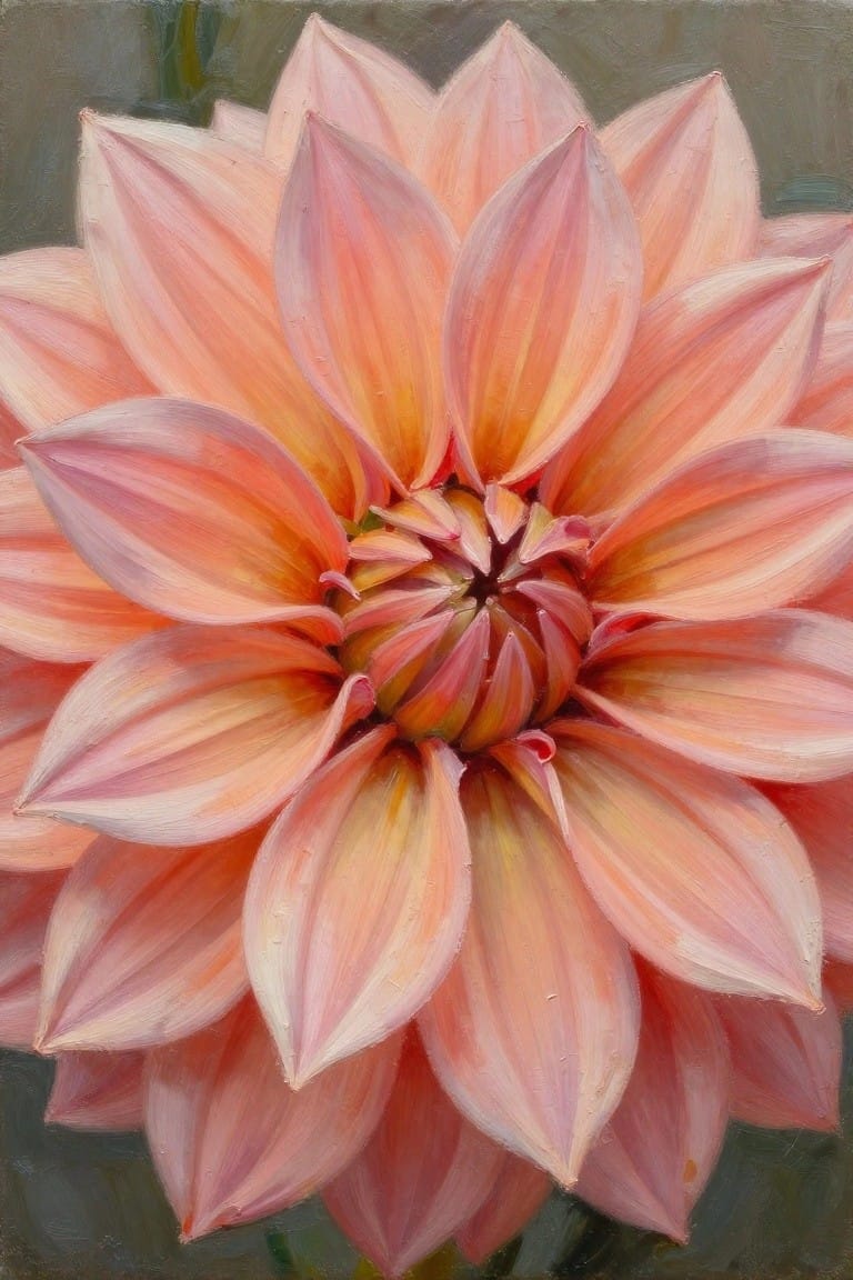 Vibrant pink-orange dahlia bloom with layered petals in oil painting style.