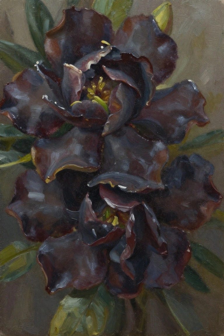 Dark burgundy flowers with glistening petals, yellow centers, and green leaves