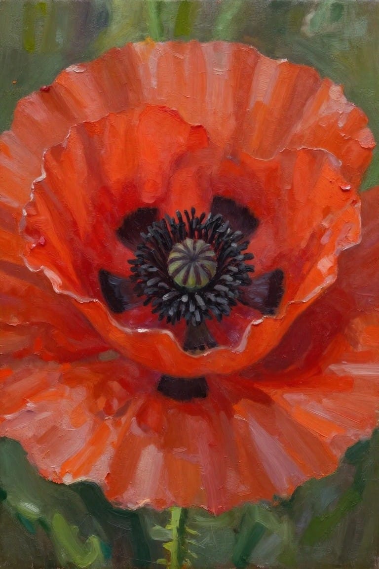 Vibrant red poppy with textured petals and dark central stamens on green background
