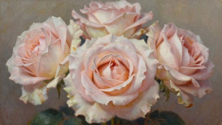 23 Realistic Flower Oil Painting Ideas That Showcase Fine Botanical Detail Two large pale pink roses in full bloom with smaller buds, painted in oil with soft textures against a neutral background.