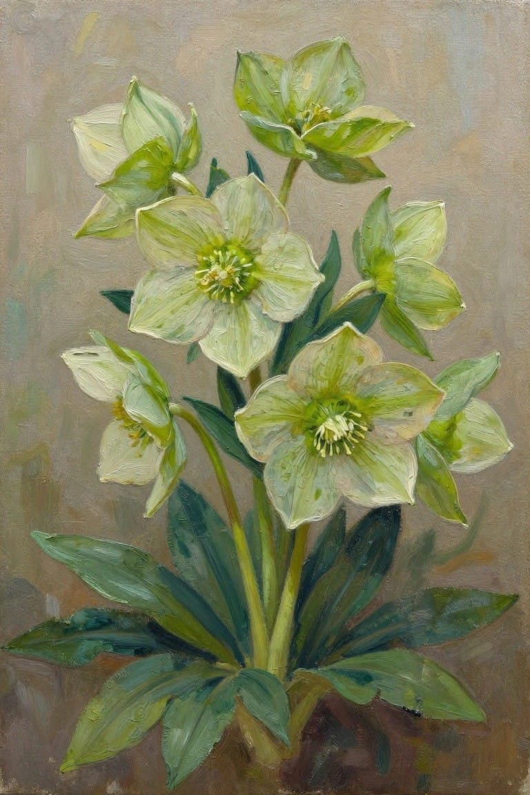 Oil painting of pale green and white hellebore flowers with lush green leaves.