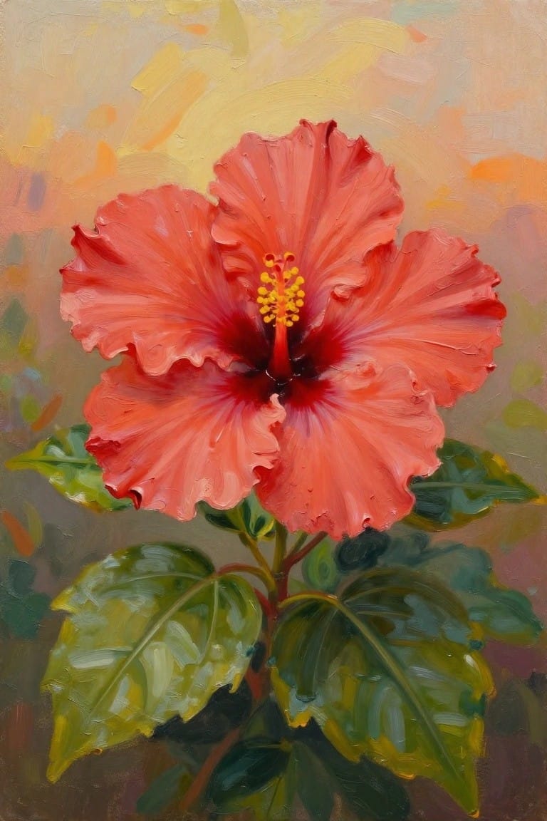 Vibrant red hibiscus bloom with yellow stamens and lush green leaves in oil painting style.