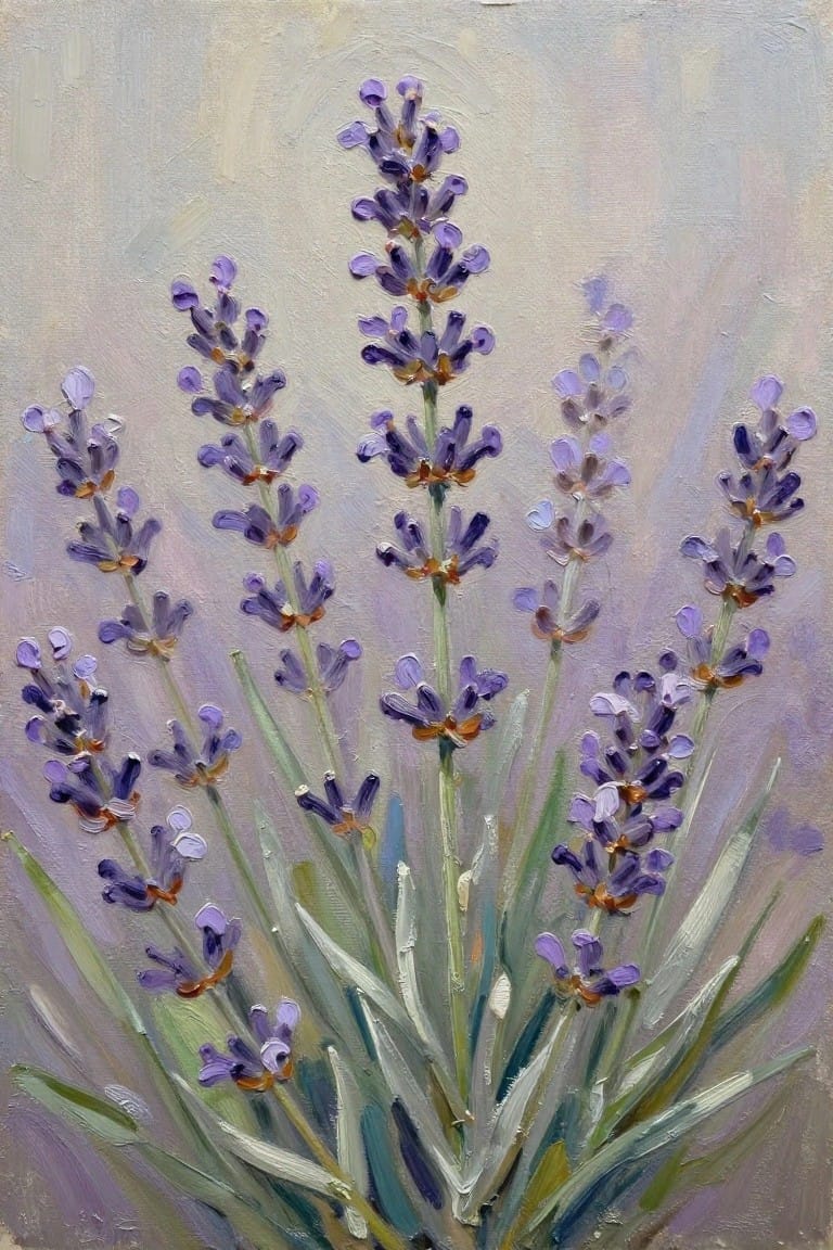 An oil painting of multiple tall lavender stalks with purple flower heads and green leaves against a soft light background.