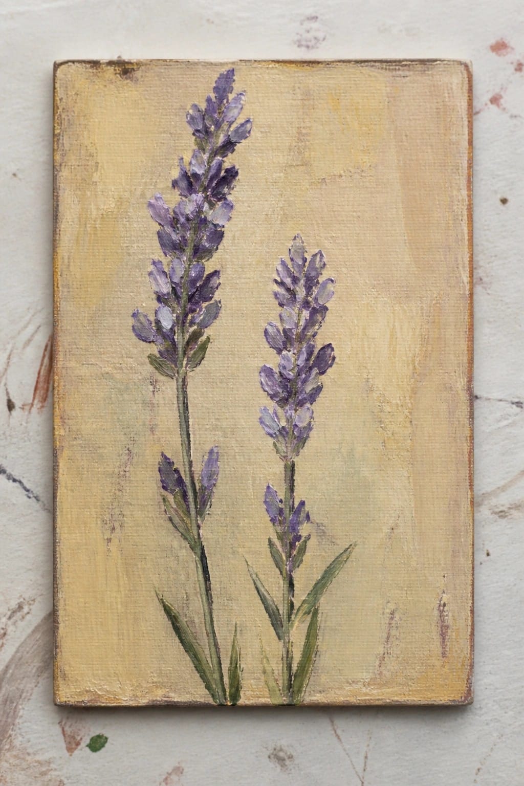 Two purple lavender stems with green leaves on textured yellow canvas.
