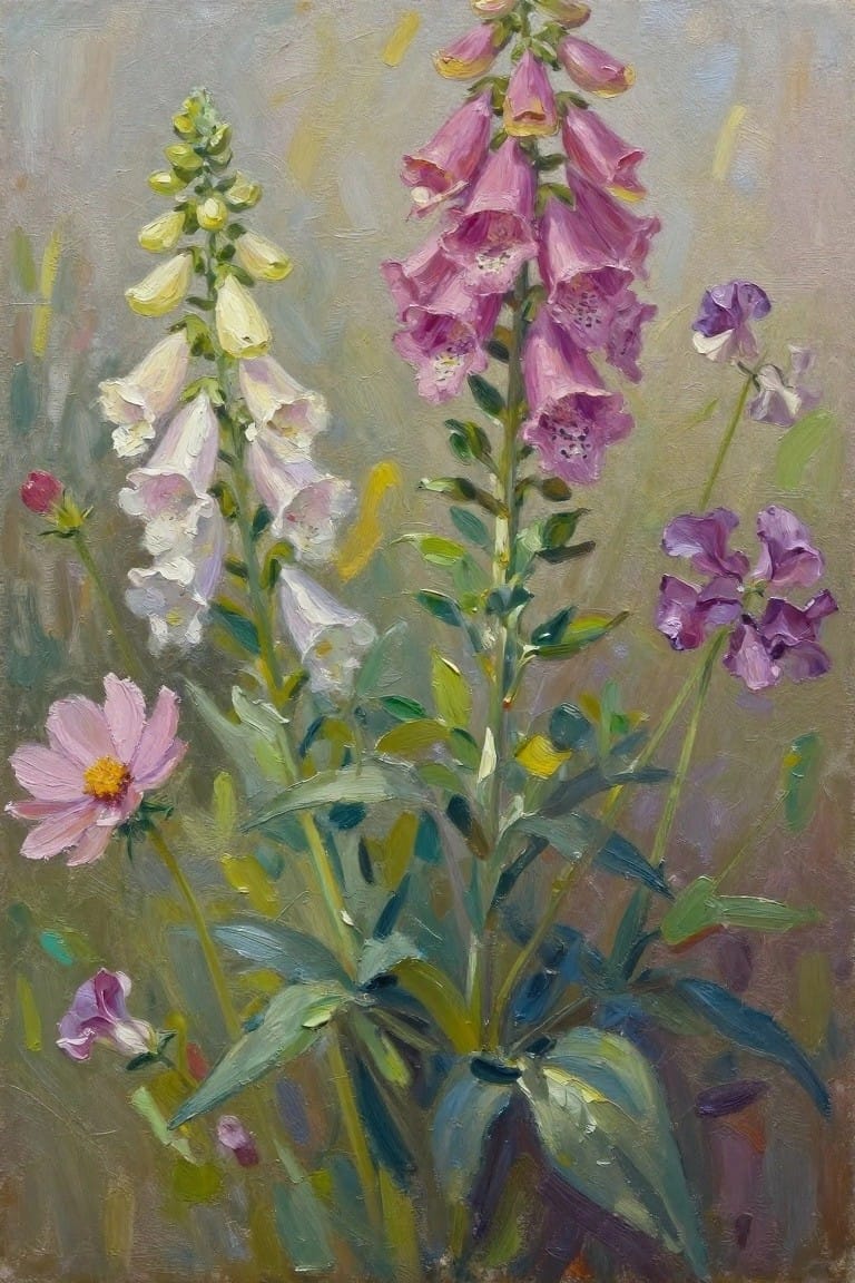 An oil painting of tall pink and white foxgloves with smaller purple and pink flowers against a muted background.