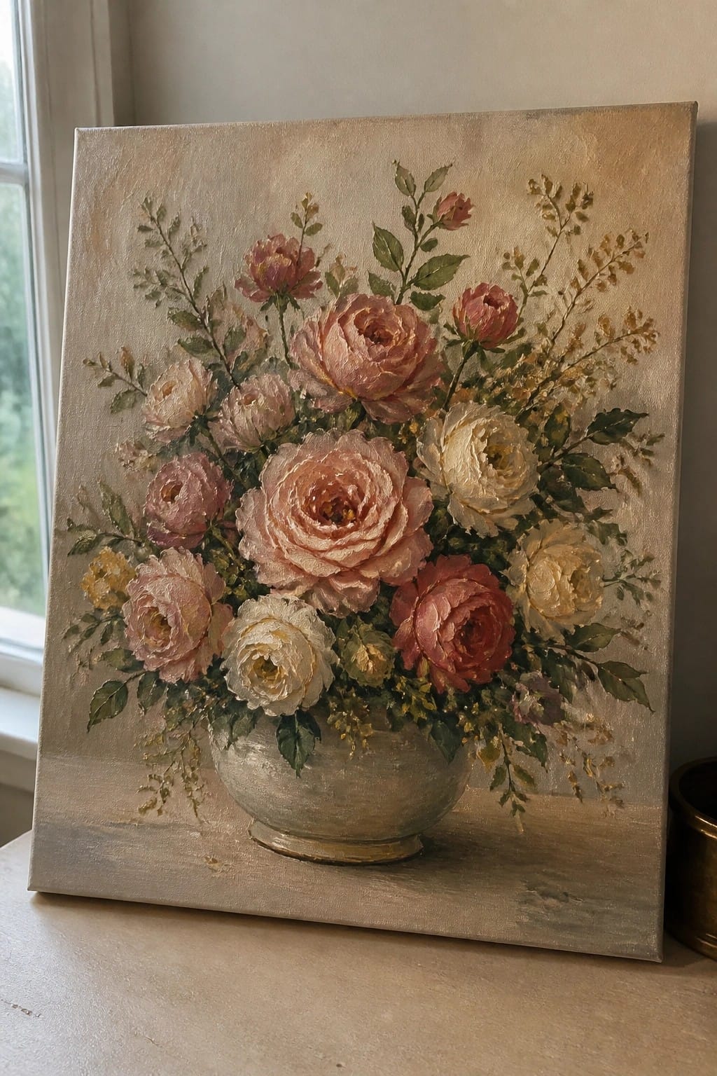 Painting of pink and white roses in a gray vase on a table