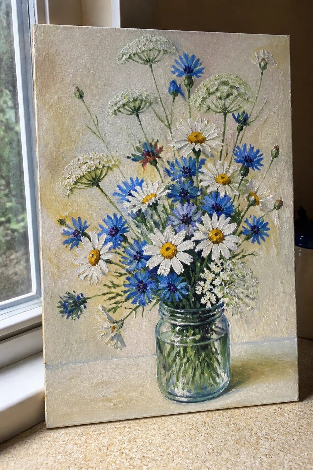 Painting of blue cornflowers and white daisies in a glass jar on a windowsill.